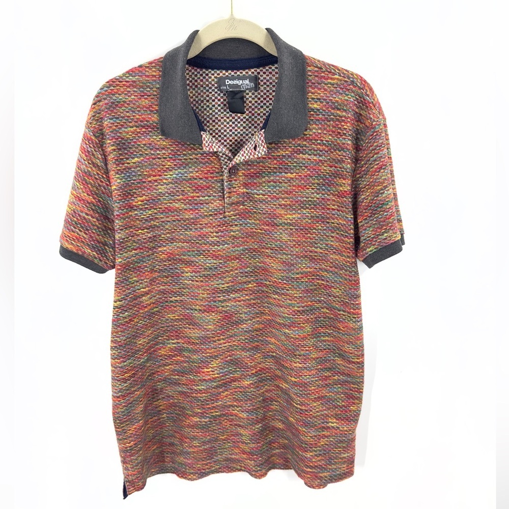 Desigual Mens Polo Shirt SP L US M Colorful Rainbow Short Sleeve Artsy Statement